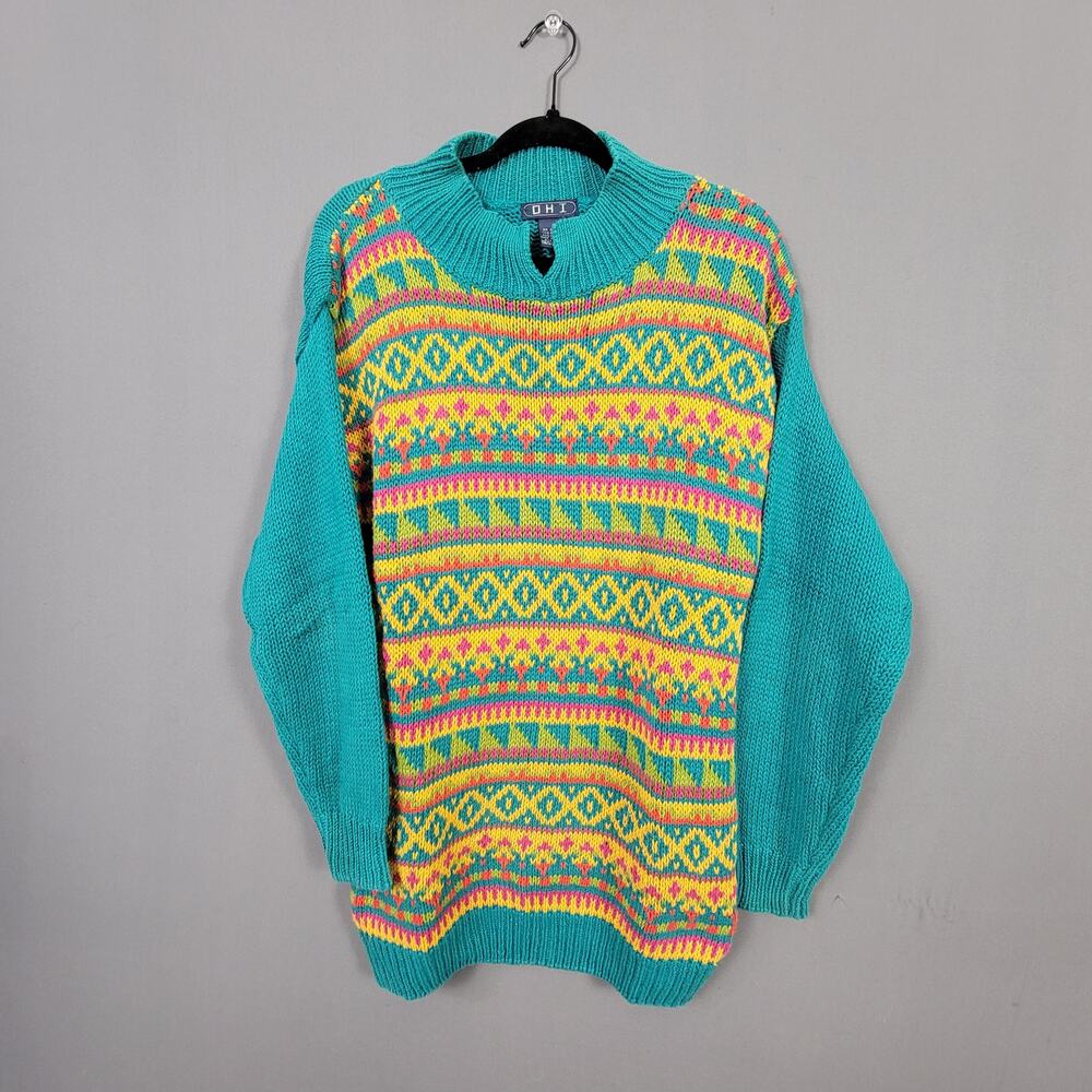 OHI Women’s Ramie Cotton Fair Isle Sweater Teal Neon Nordic Grandpa L Boho